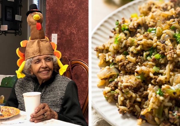 Photo of Pebbles Aunt Dot wearing a turkey hat on the left side. Plate of dirty rice on the right
