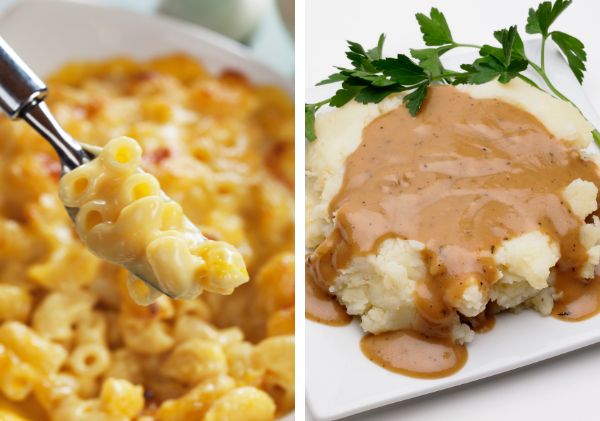 Split screen of macaroni and cheese on the left and mashed