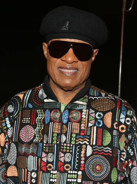 Picture of Stevie Wonder with a black hat, glasses and colorful shirt