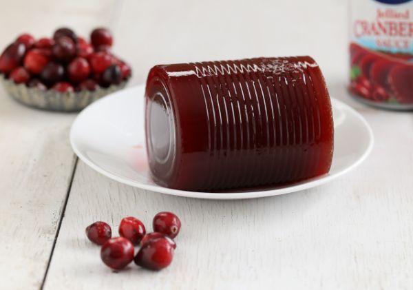 Dish with canned cranberry sauce on it