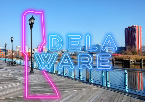 Delaware background of a pier with neon blue and pink Delaware sign