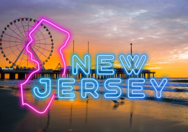 New Jersey background with pink and blue New Jersey sign