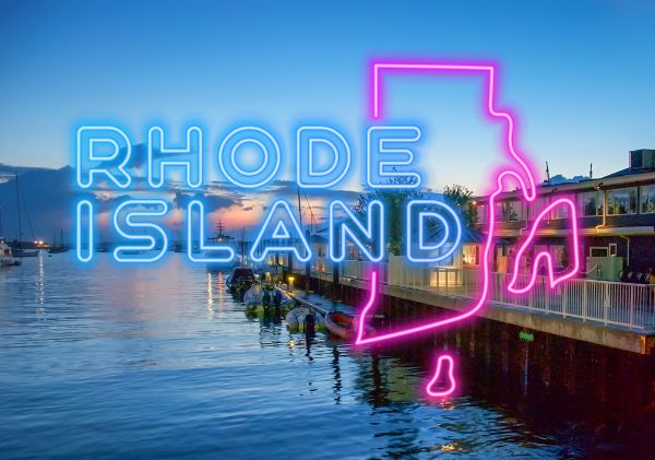 Rhode Island background with pink and blue neon Rhode Island sign