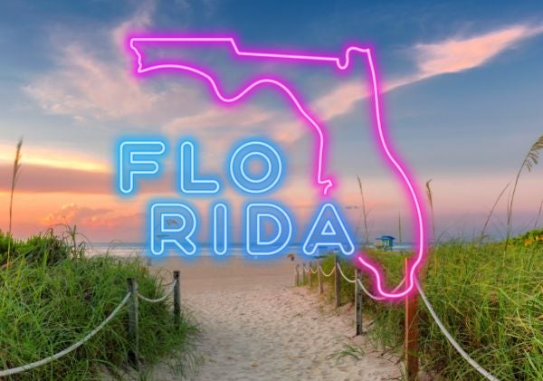 Florida background with pink and blue neon Florida sign