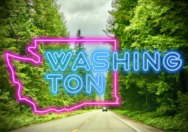 Washington background with pink and blue Washington neon sign