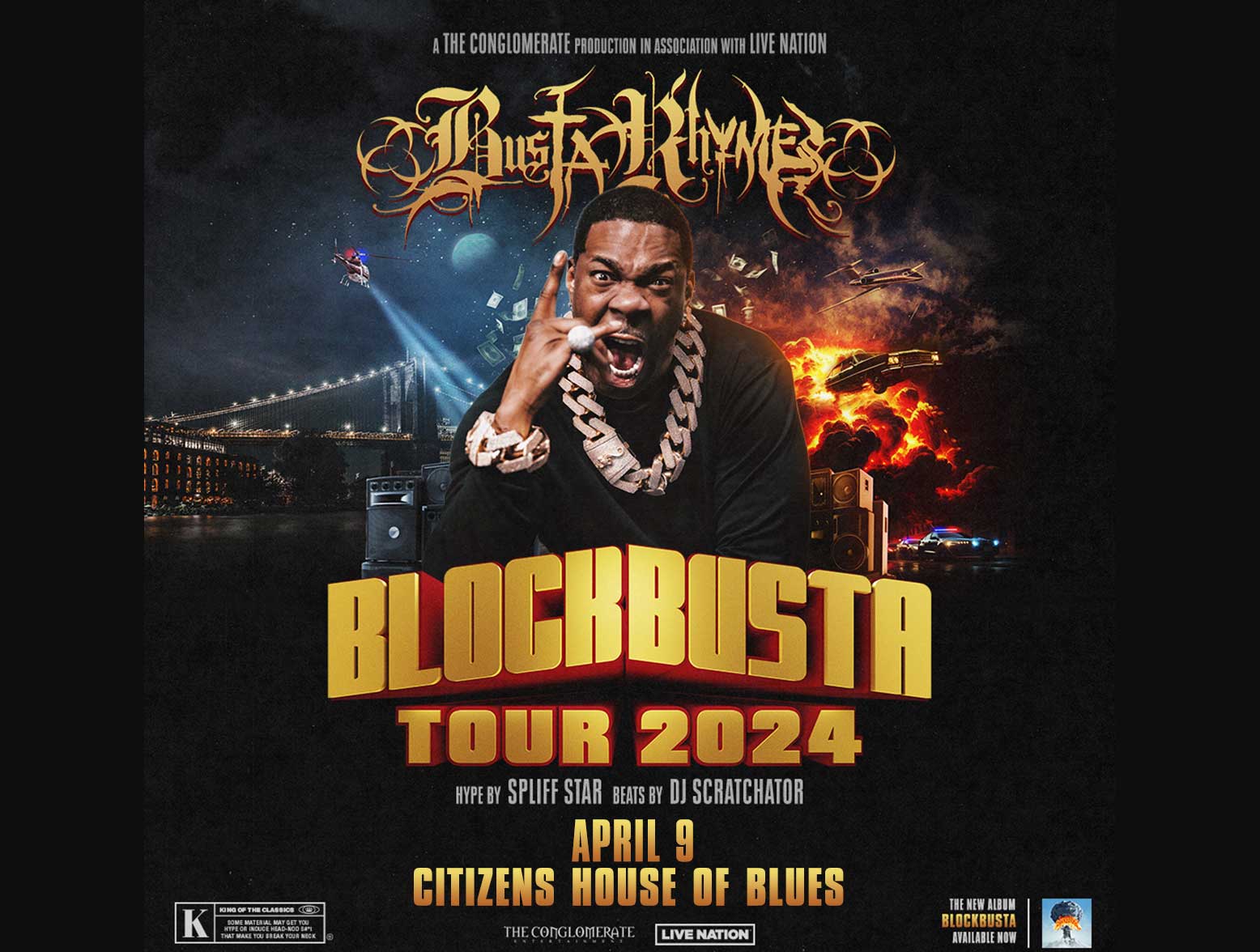 Busta Rhymes Blockbusta Tour 2-24 Artwork: Phhoto of him screaming with city sky line & explosions behind him,