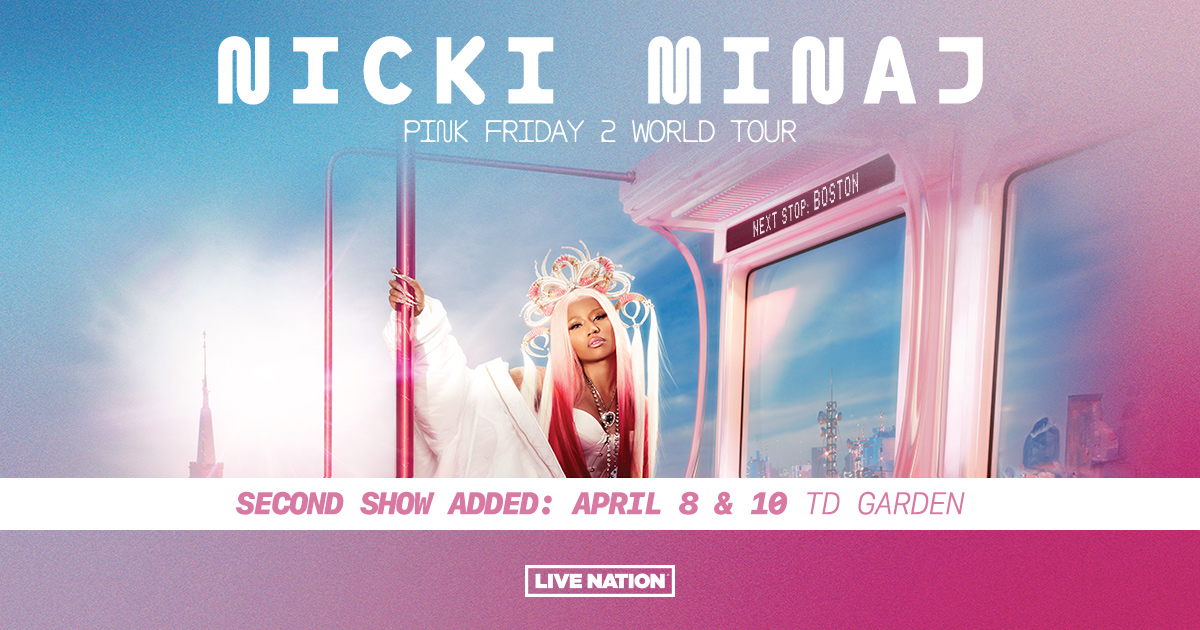 Nicki Minaj- Pink Friday 2 World Tour on April 8th & 10th at TD Garden! Pink dreamy bubble gum vibe with Nicki on a pink train with whimsical headdress.
