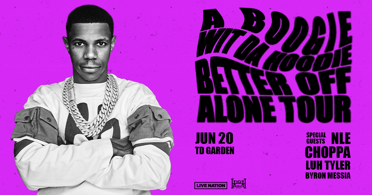 A Boogie Wit Da Hoodie Better Off Alone Tour artowrk. pink background with a black and white photo of him from the shoulders up.