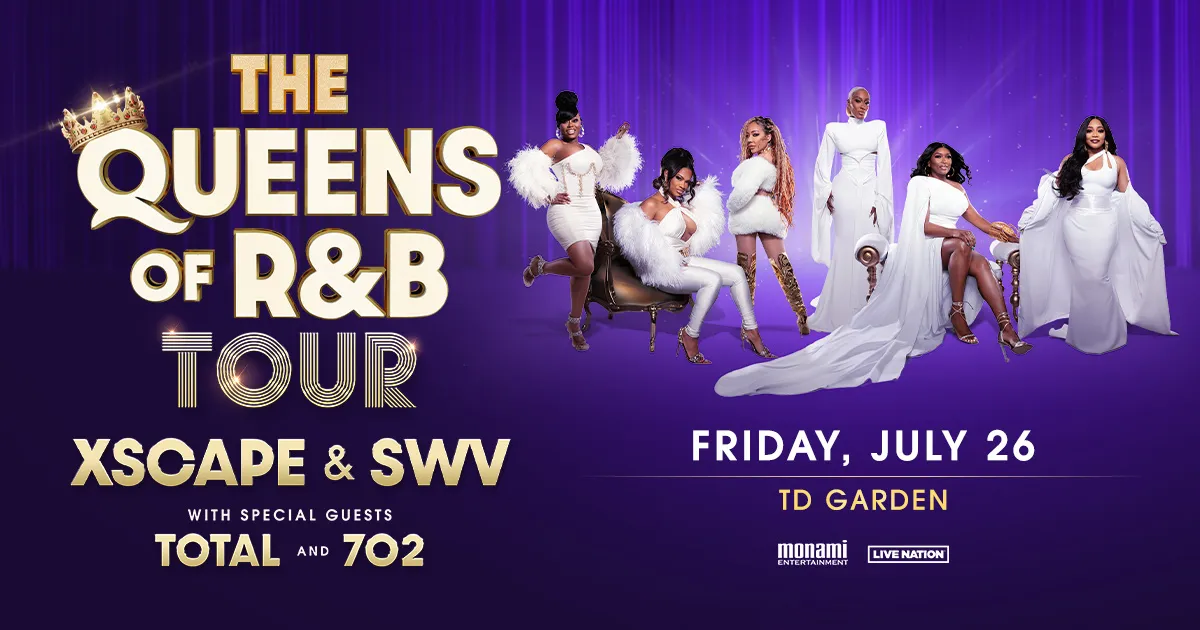 The Queens of R&B Tour Xscape & SWv with special guests Total & 702 on Friday, July 26 at TD Garden. Both bands dressed in all white with a purple background.