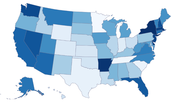 Map of the United States with states in various shades of blue. Massachusetts Named One Of The Rudest States